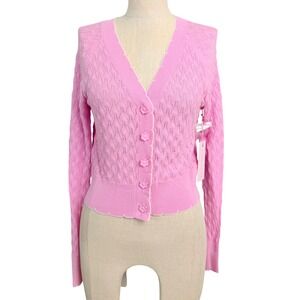Rachel Parcell Pink Pointelle Knit Cardigan Flower Button Scallop Trim XS NEW